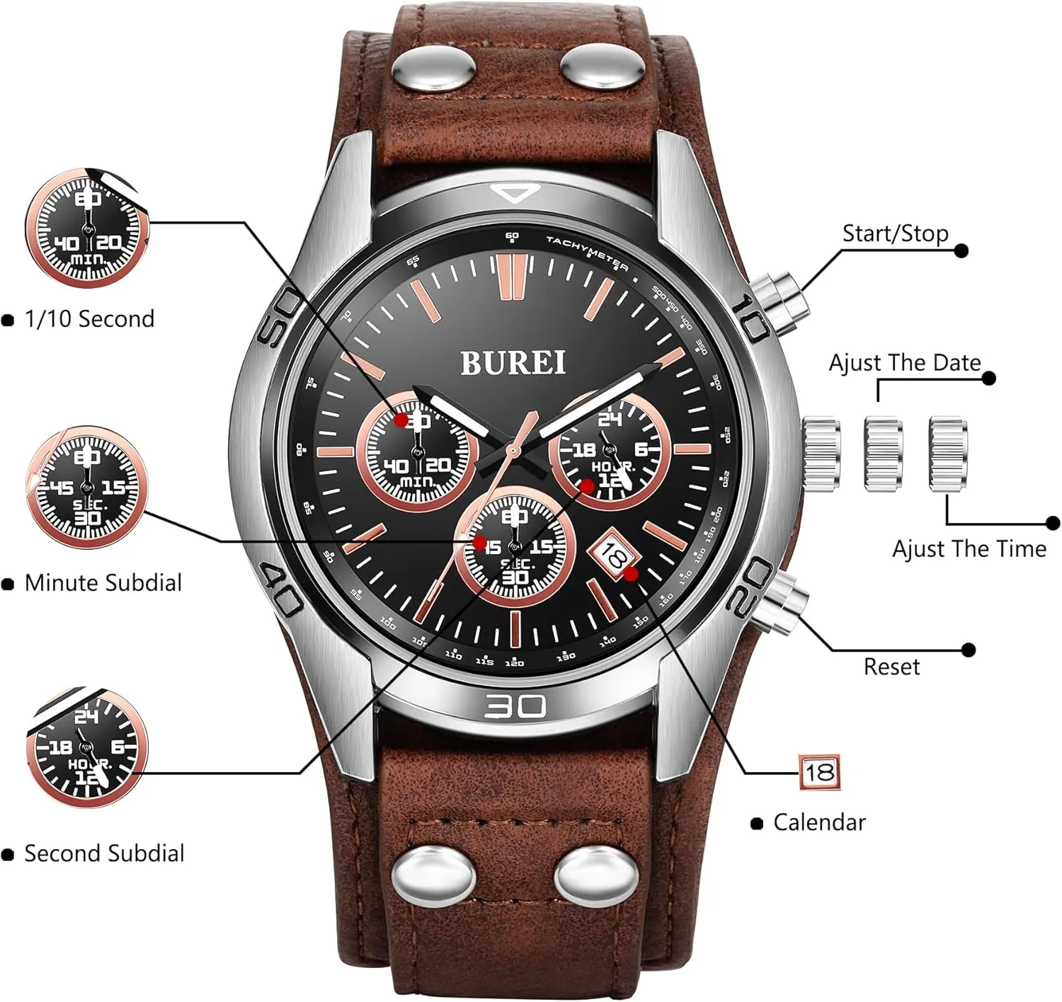 BUREI Men Black Watch Leather Watches for Men,Multifunction Chronograph Wrist Watch Fashion Waterproof Watch,Business Casual Men's Watch Analog Quartz Watch