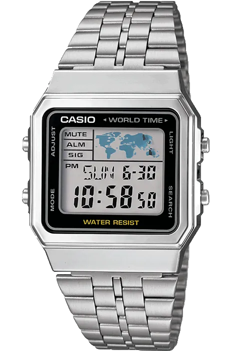 CASIO VINTAGE A500WA-1D WORLD TIME WATCH - SILVER/BLACK