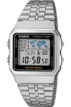 CASIO VINTAGE A500WA-1D WORLD TIME WATCH - SILVER/BLACK