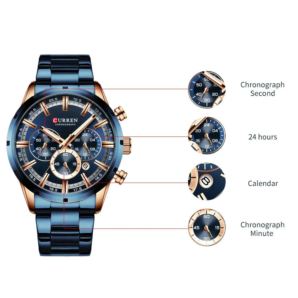 Casual Stainless Steel Chronograph Quartz Mens Watch with Date