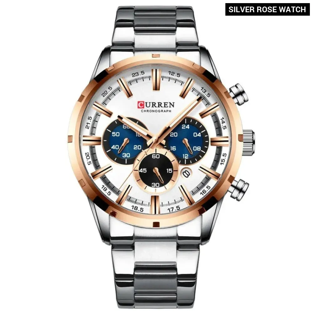 Casual Stainless Steel Chronograph Quartz Mens Watch with Date