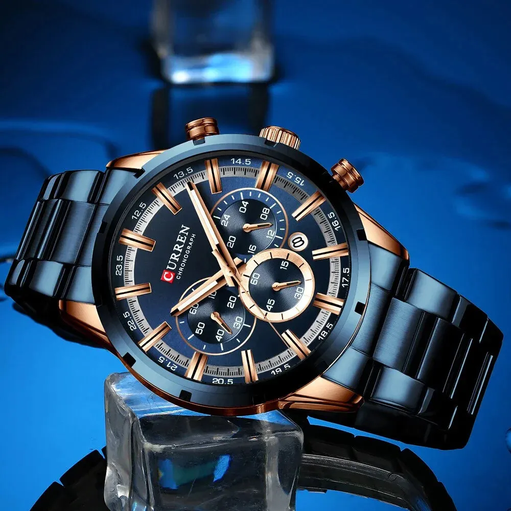 Casual Stainless Steel Chronograph Quartz Mens Watch with Date