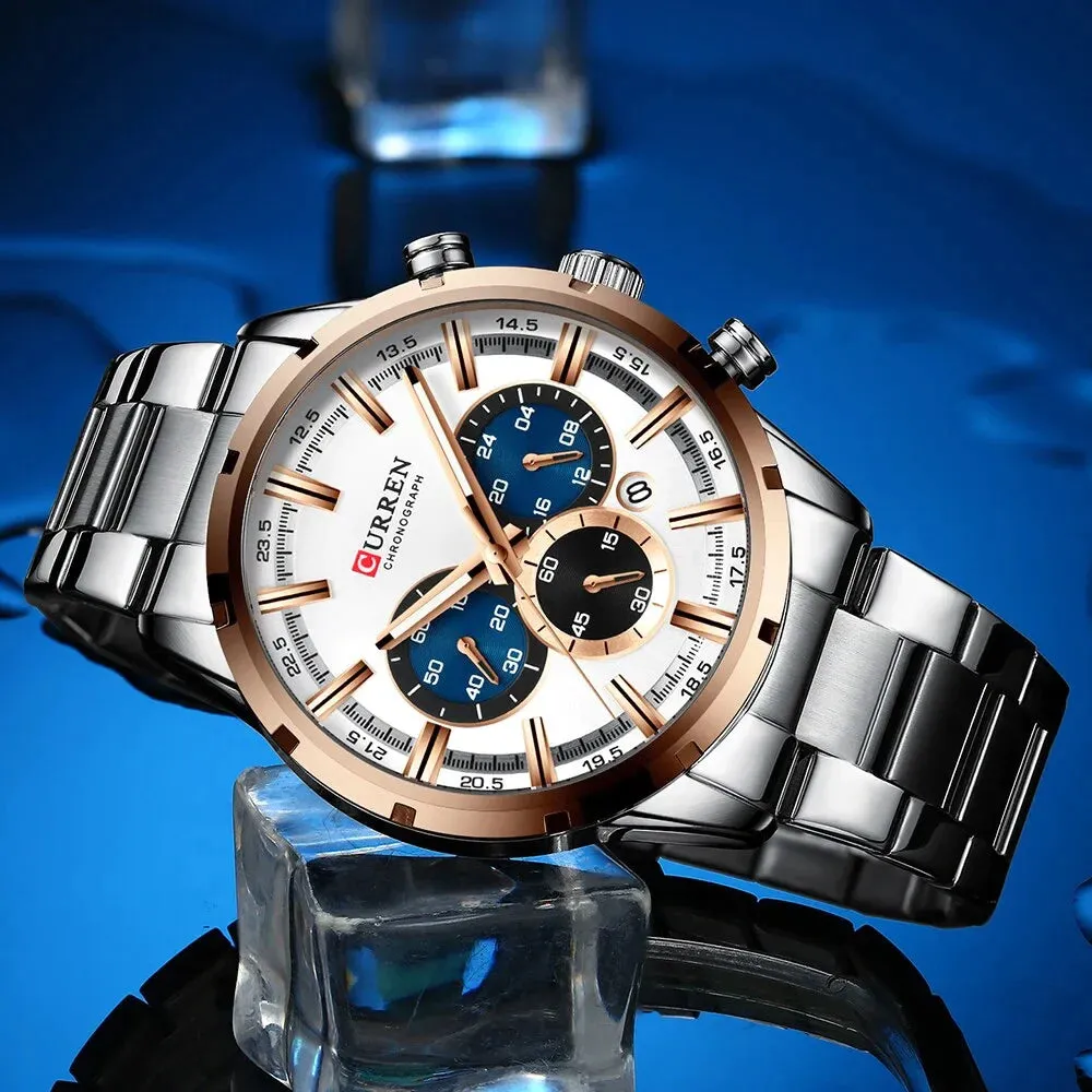 Casual Stainless Steel Chronograph Quartz Mens Watch with Date