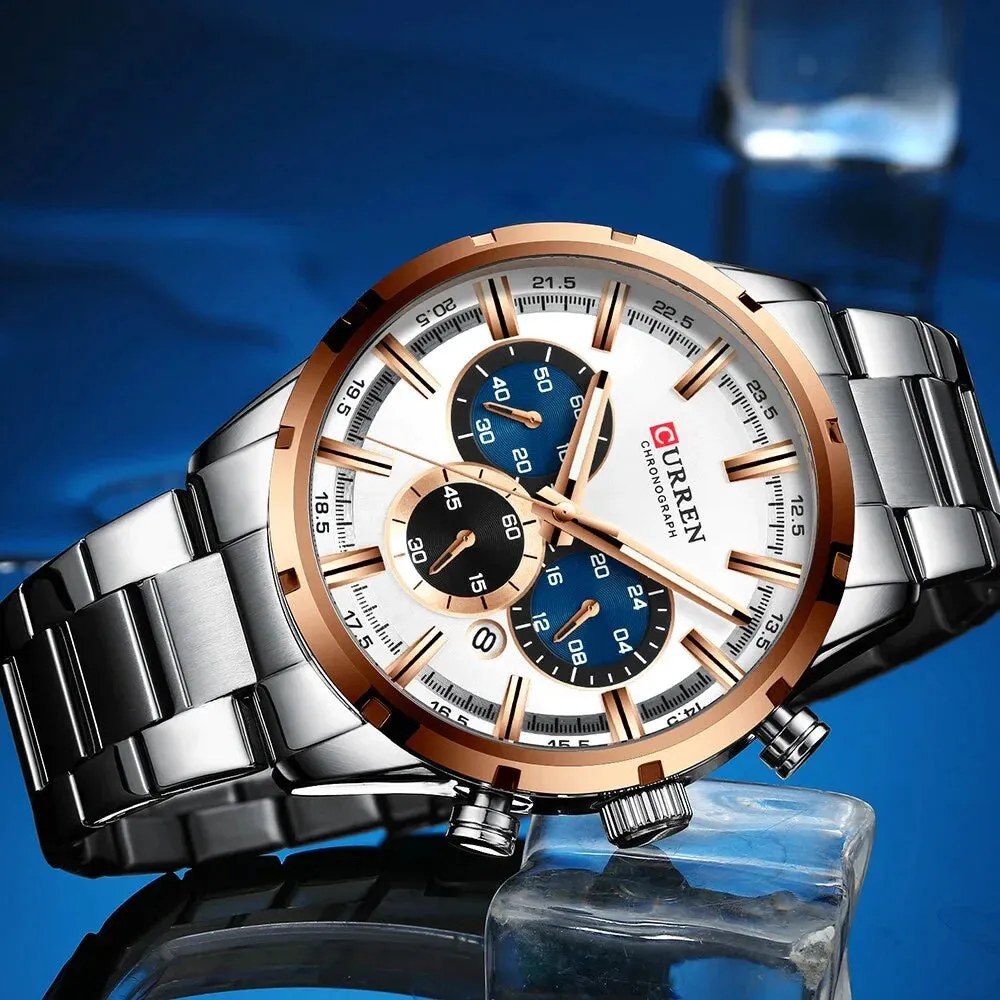 Casual Stainless Steel Chronograph Quartz Mens Watch with Date
