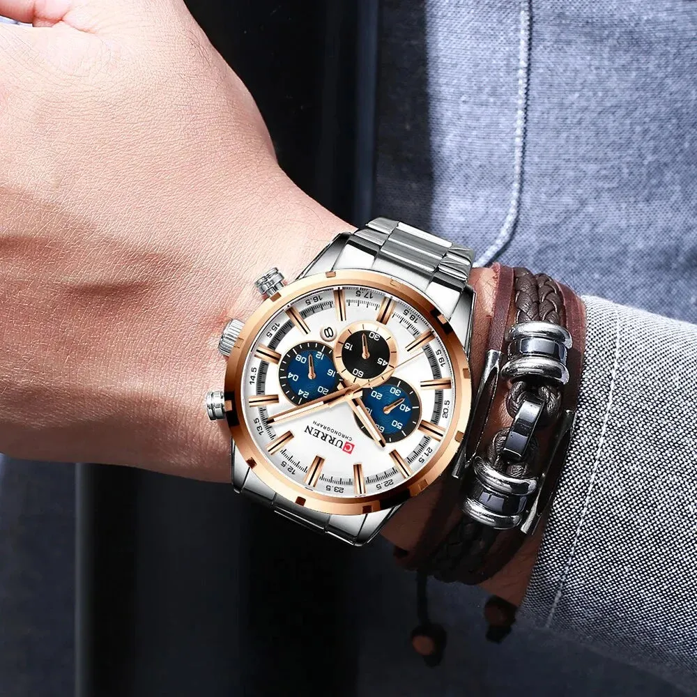 Casual Stainless Steel Chronograph Quartz Mens Watch with Date