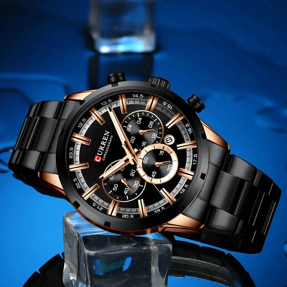 Casual Stainless Steel Chronograph Quartz Mens Watch with Date