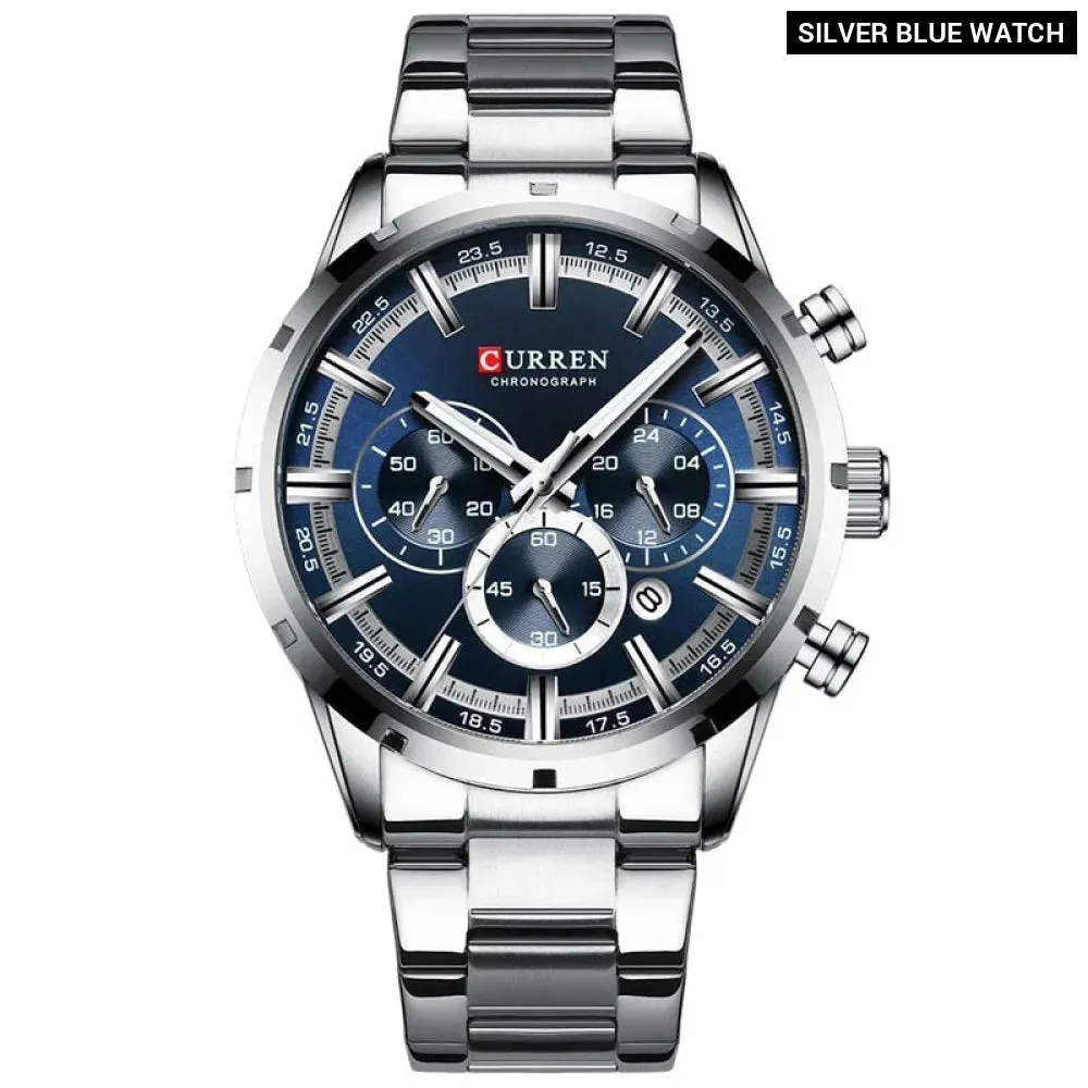 Casual Stainless Steel Chronograph Quartz Mens Watch with Date