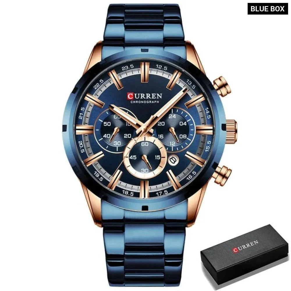 Casual Stainless Steel Chronograph Quartz Mens Watch with Date