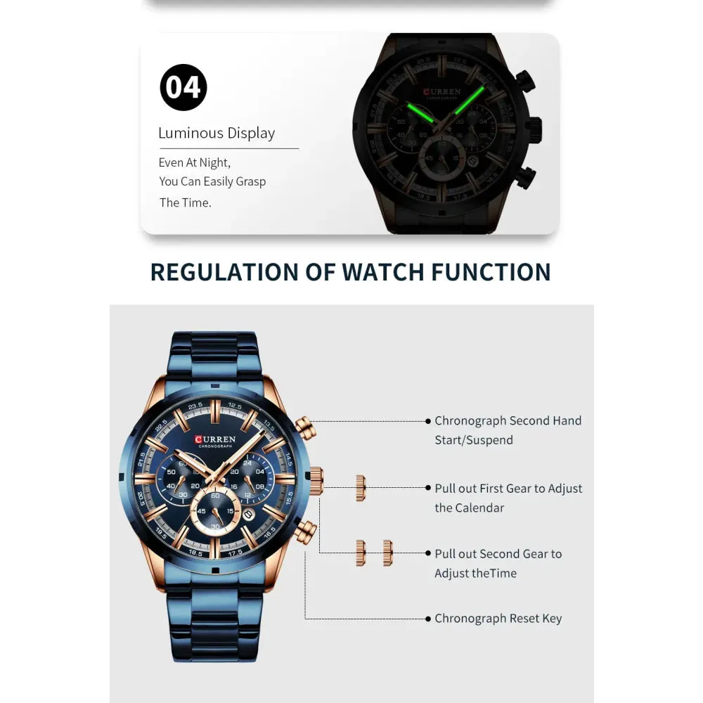 Casual Stainless Steel Chronograph Quartz Mens Watch with Date