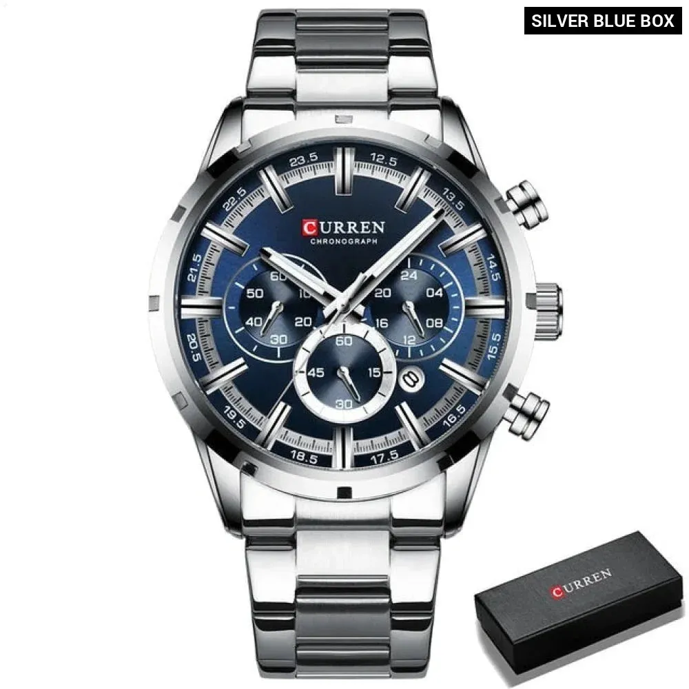 Casual Stainless Steel Chronograph Quartz Mens Watch with Date