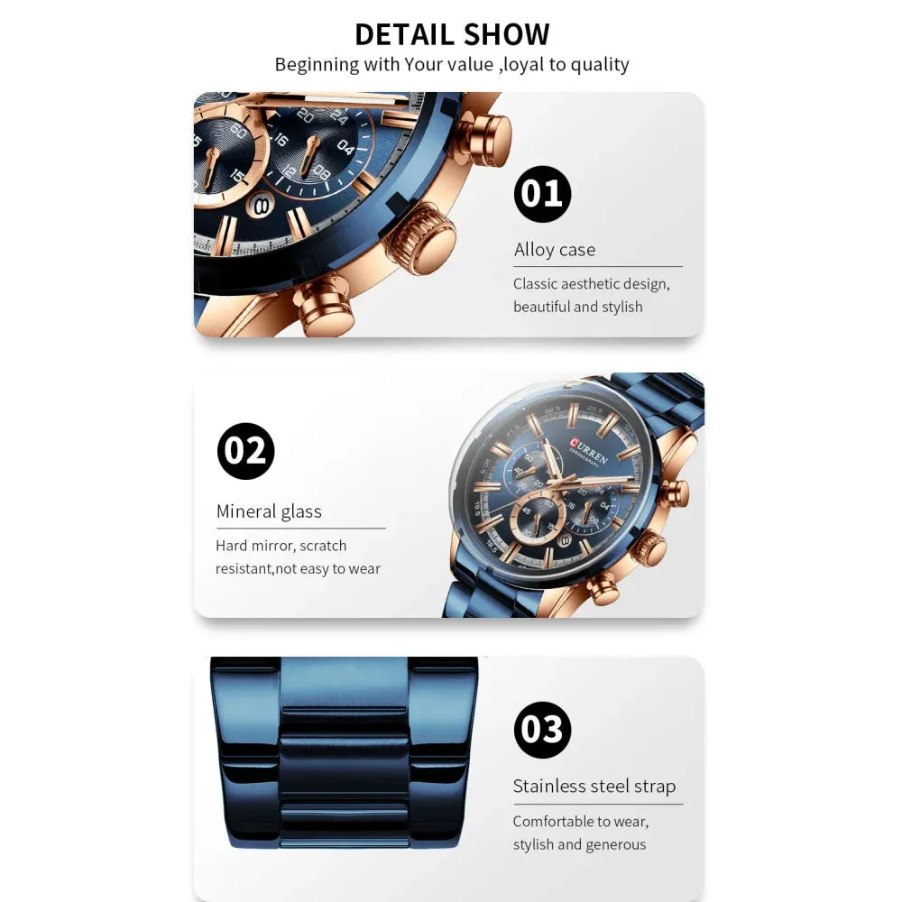 Casual Stainless Steel Chronograph Quartz Mens Watch with Date
