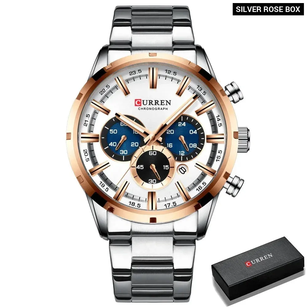 Casual Stainless Steel Chronograph Quartz Mens Watch with Date