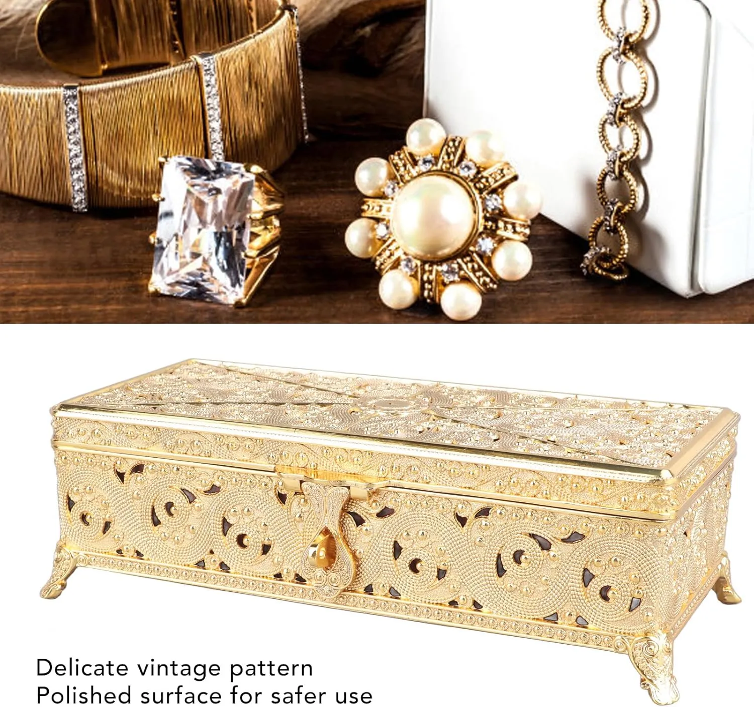 Cocoarm Vintage Jewelry Box, Rectangle Vintage Metal Jewelry Box Trinket Present Box for Girl Women Necklace Earrings Rings (Gold)