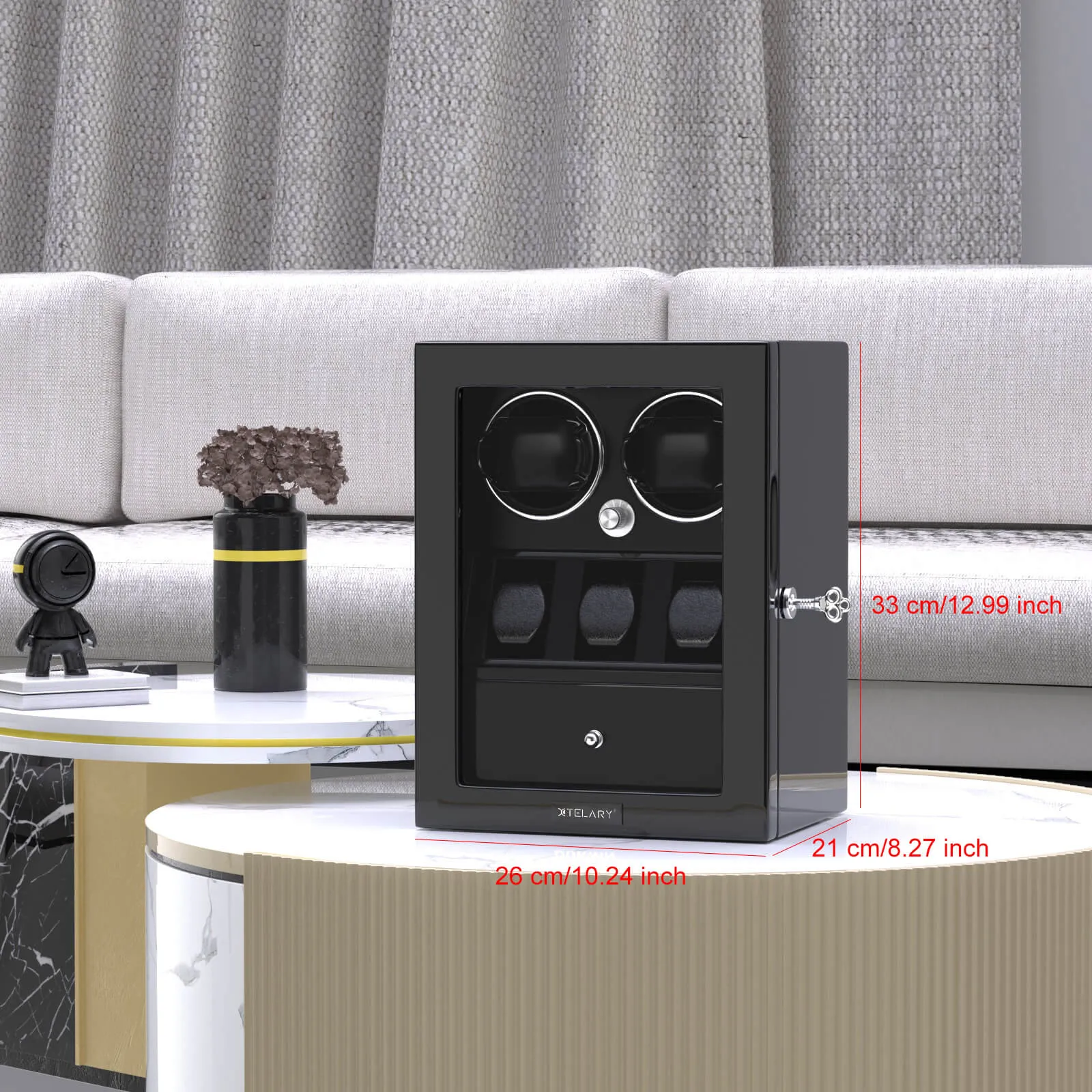 Compact 2 Watch Winders with 3 Watches Organizer Storage- Black
