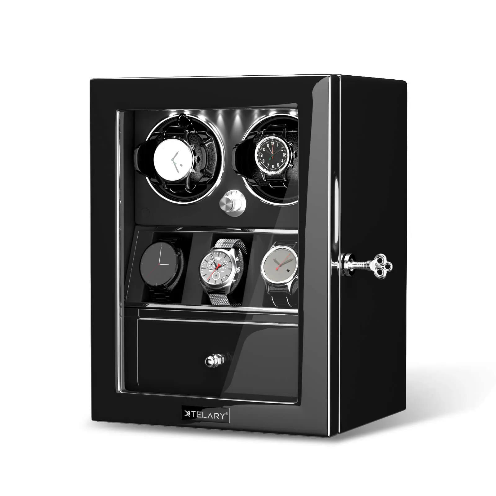 Compact 2 Watch Winders with 3 Watches Organizer Storage- Black