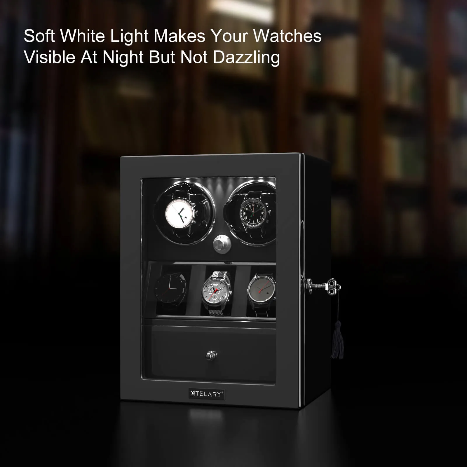 Compact 2 Watch Winders with 3 Watches Organizer Storage- Black