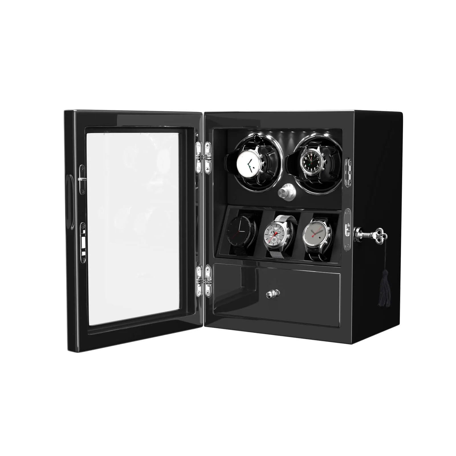 Compact 2 Watch Winders with 3 Watches Organizer Storage- Black