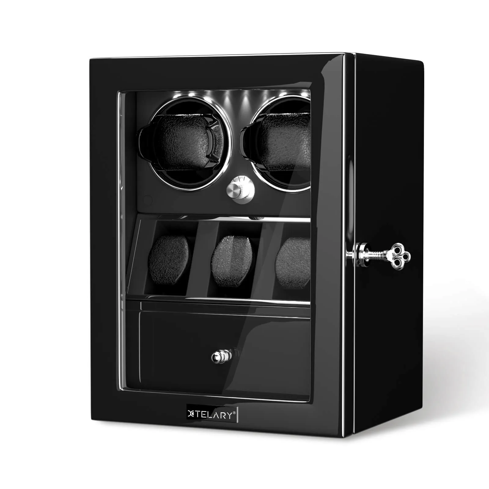 Compact 2 Watch Winders with 3 Watches Organizer Storage- Black