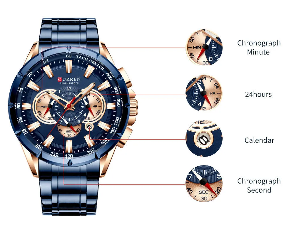 CURREN Stainless Steel Sport Men Watches Waterproof Chronograph Military Army  Wristwatch