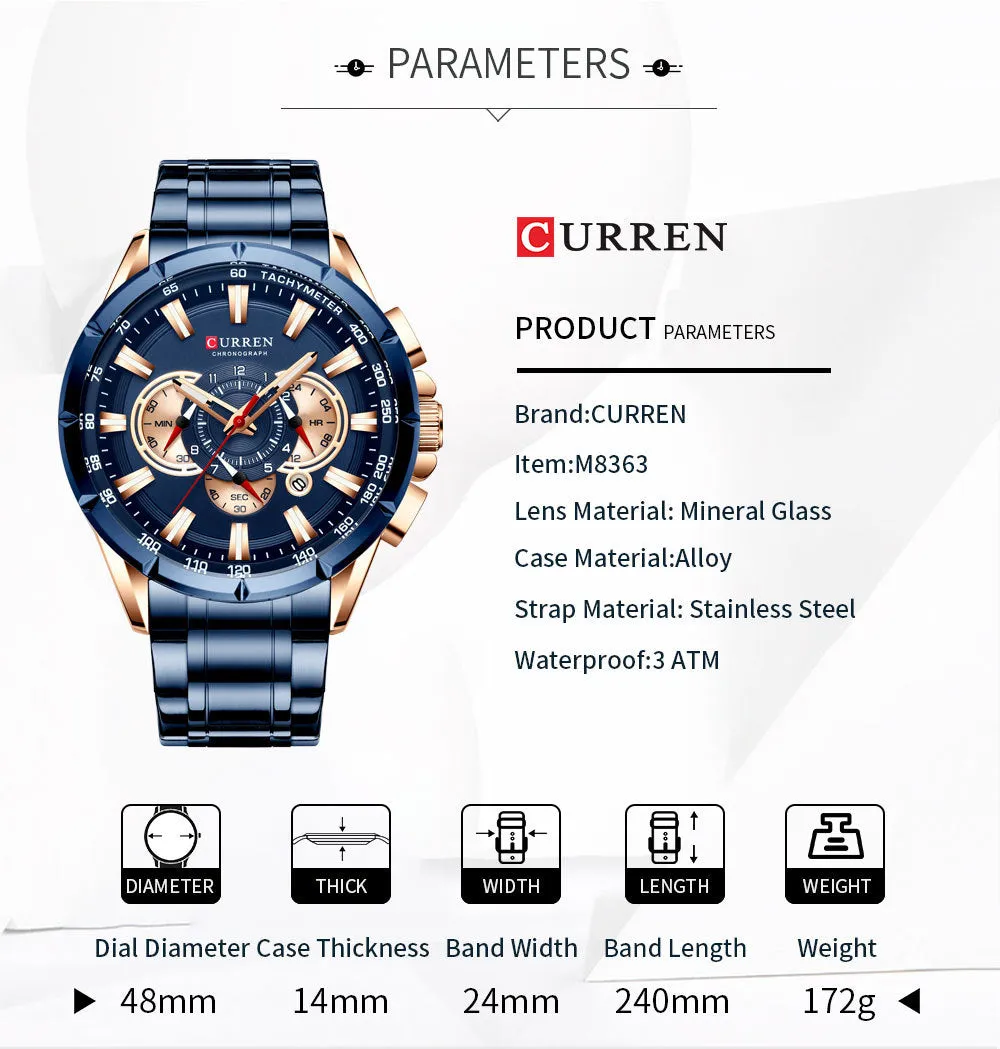 CURREN Stainless Steel Sport Men Watches Waterproof Chronograph Military Army  Wristwatch