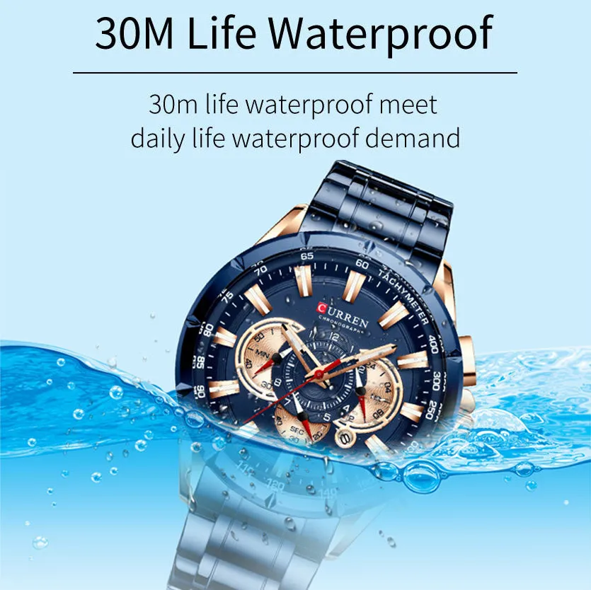 CURREN Stainless Steel Sport Men Watches Waterproof Chronograph Military Army  Wristwatch