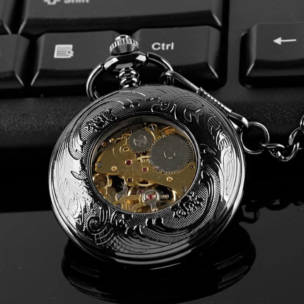 Dentily Hand Winding Hollow Roman Numerals Mechanical Pocket Watch Steampunk Mens Watches