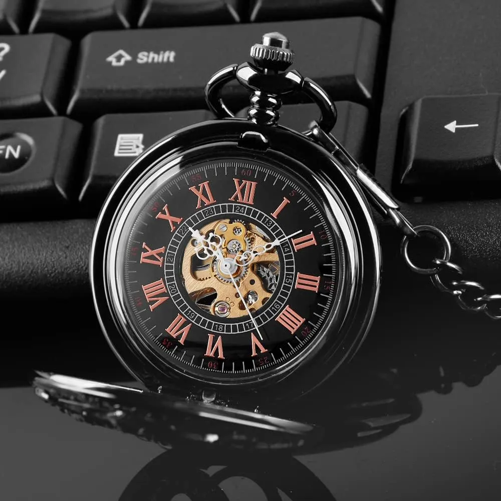 Dentily Hand Winding Hollow Roman Numerals Mechanical Pocket Watch Steampunk Mens Watches