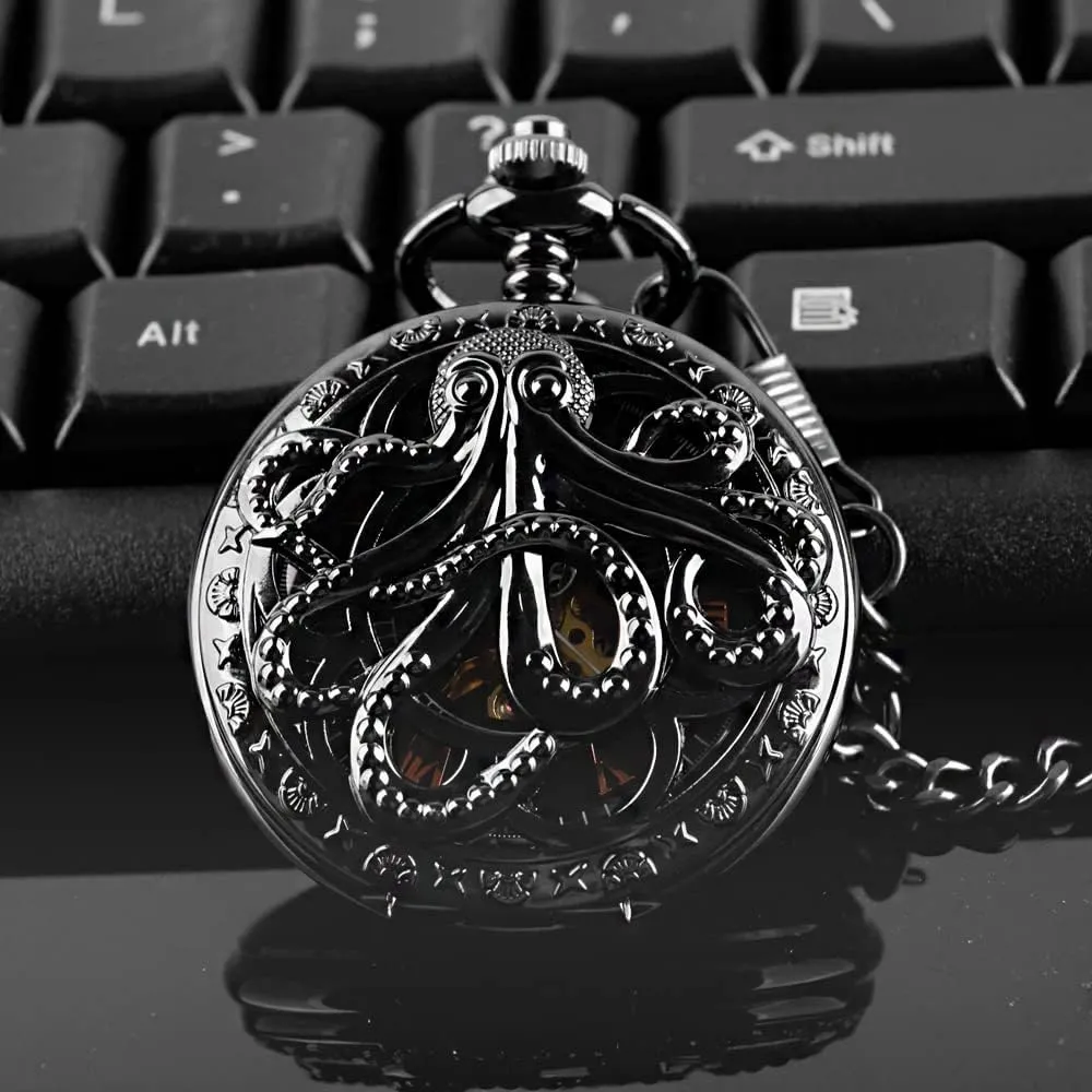 Dentily Hand Winding Hollow Roman Numerals Mechanical Pocket Watch Steampunk Mens Watches
