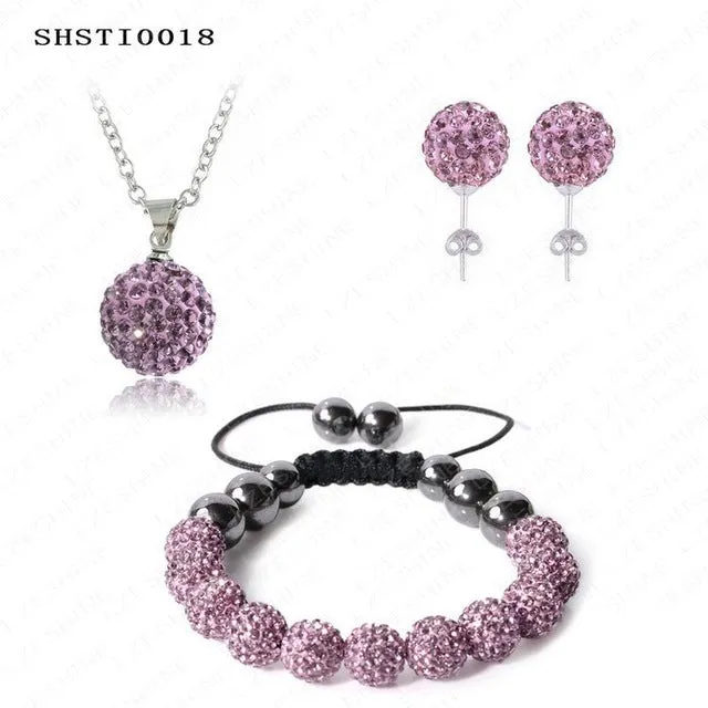 Fashion Crystal Shamballa Set Necklaces & Pendants/Bracelet/Earring Studs Jewelry Set With Disco Balls for Women SHSTImix1