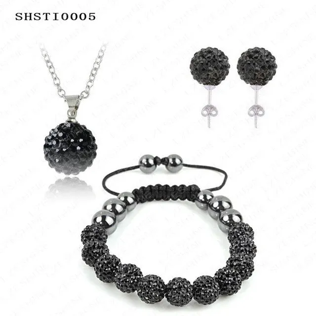 Fashion Crystal Shamballa Set Necklaces & Pendants/Bracelet/Earring Studs Jewelry Set With Disco Balls for Women SHSTImix1