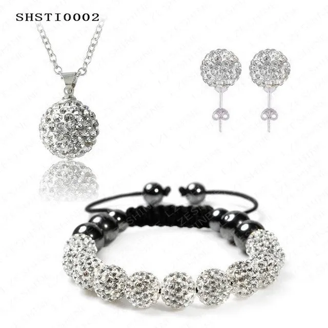 Fashion Crystal Shamballa Set Necklaces & Pendants/Bracelet/Earring Studs Jewelry Set With Disco Balls for Women SHSTImix1