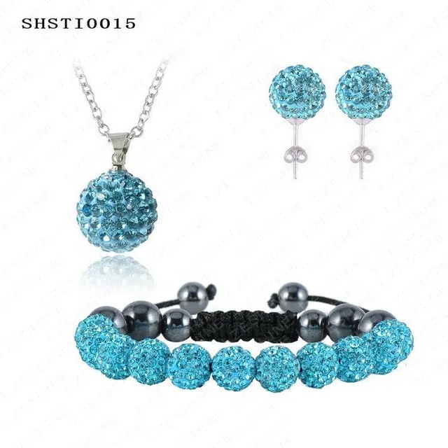 Fashion Crystal Shamballa Set Necklaces & Pendants/Bracelet/Earring Studs Jewelry Set With Disco Balls for Women SHSTImix1