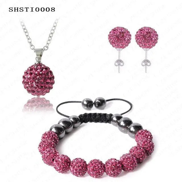 Fashion Crystal Shamballa Set Necklaces & Pendants/Bracelet/Earring Studs Jewelry Set With Disco Balls for Women SHSTImix1