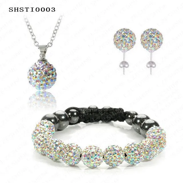 Fashion Crystal Shamballa Set Necklaces & Pendants/Bracelet/Earring Studs Jewelry Set With Disco Balls for Women SHSTImix1