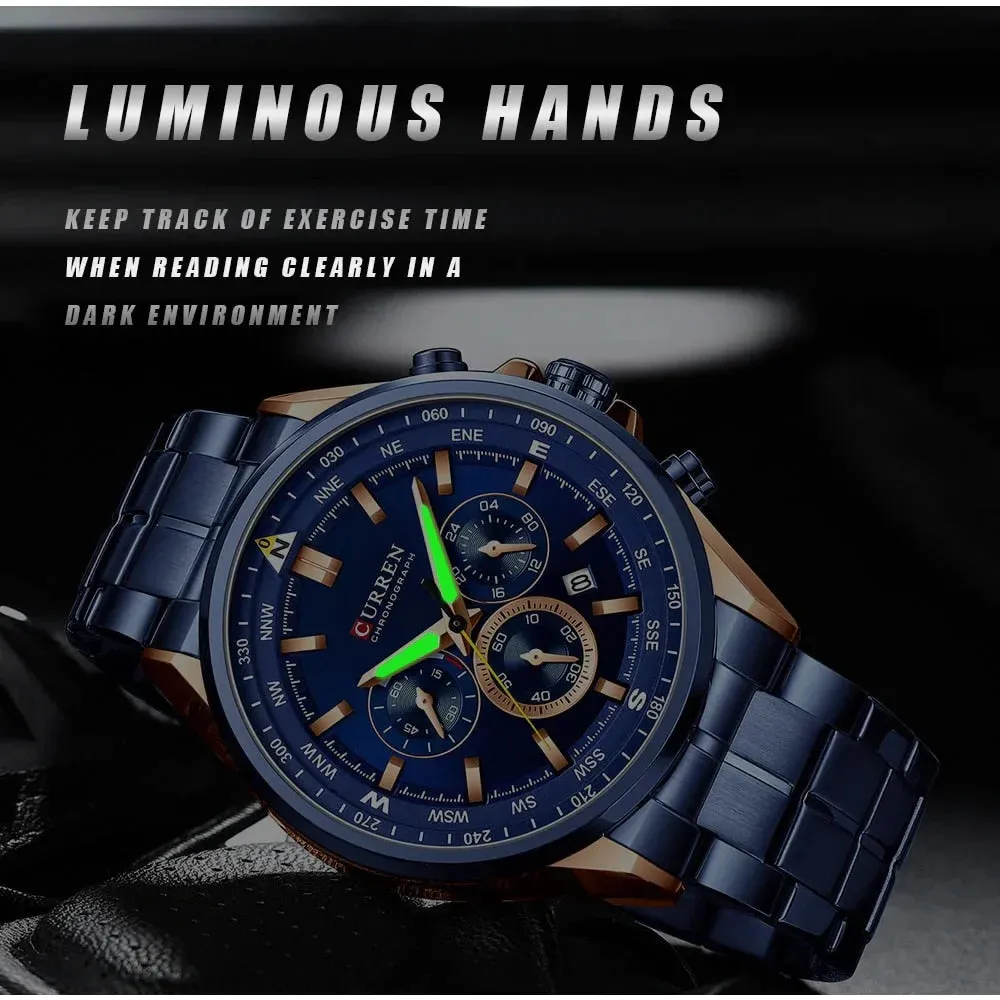 Fashion Stainless Steel Chronograph Quartz Wristwatches with Luminous Hands