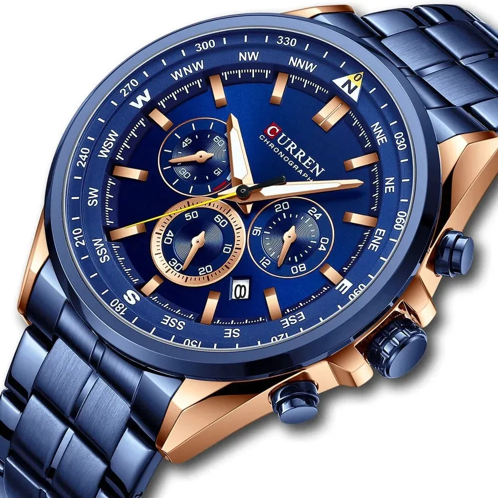 Fashion Stainless Steel Chronograph Quartz Wristwatches with Luminous Hands