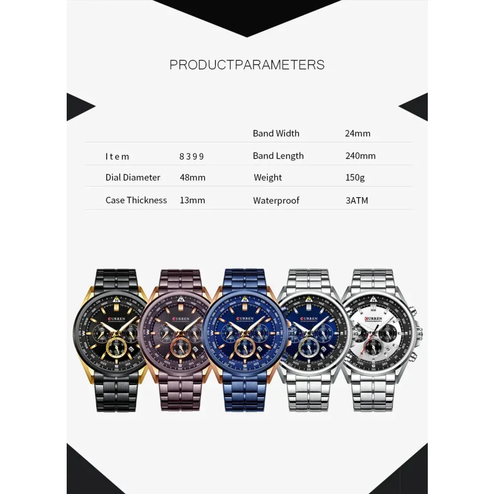 Fashion Stainless Steel Chronograph Quartz Wristwatches with Luminous Hands