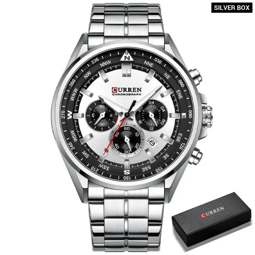 Fashion Stainless Steel Chronograph Quartz Wristwatches with Luminous Hands