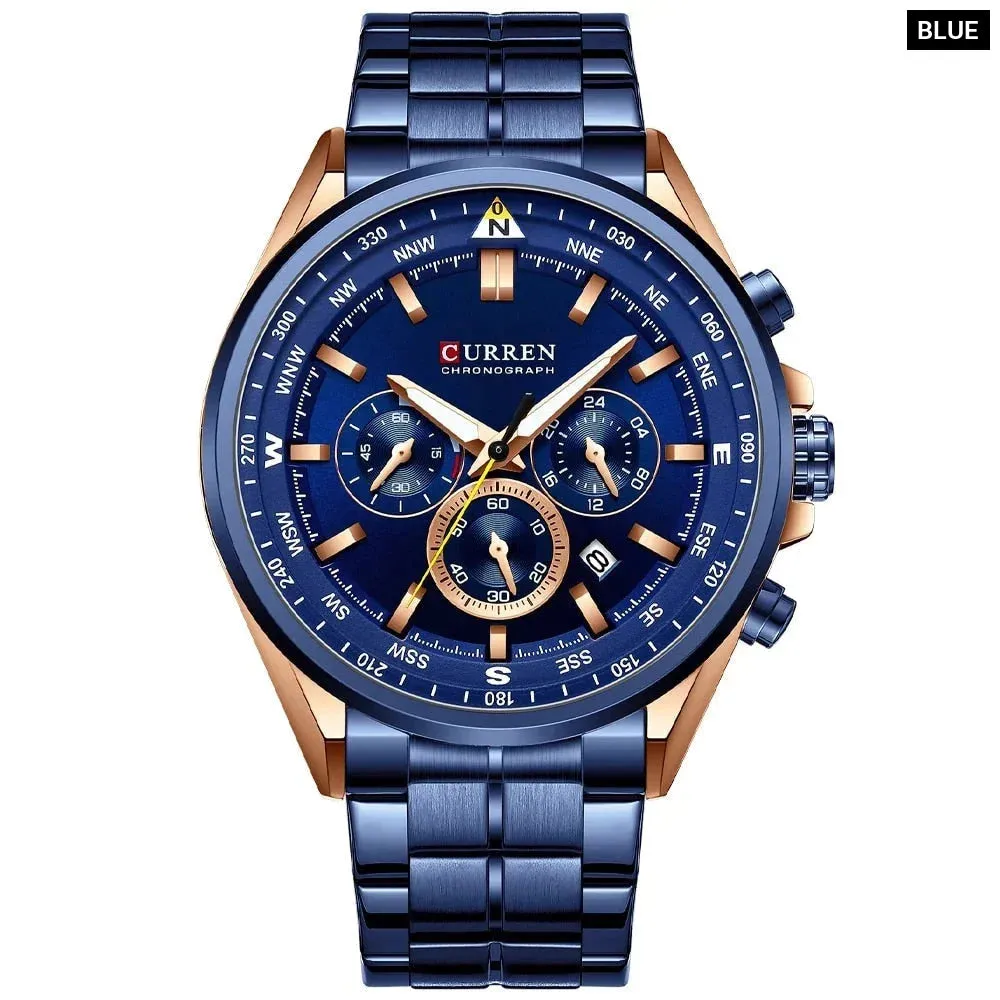 Fashion Stainless Steel Chronograph Quartz Wristwatches with Luminous Hands