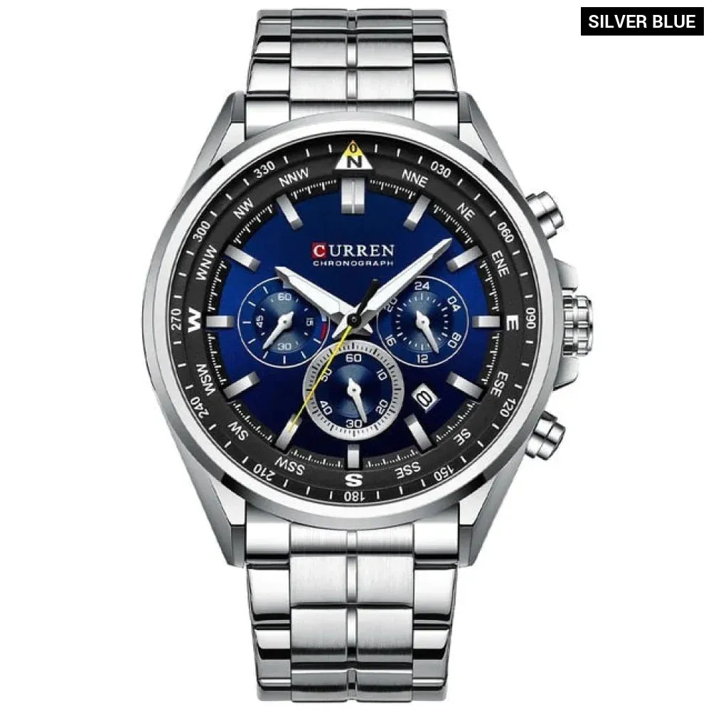 Fashion Stainless Steel Chronograph Quartz Wristwatches with Luminous Hands