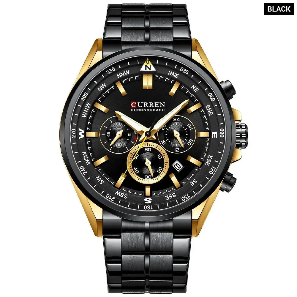 Fashion Stainless Steel Chronograph Quartz Wristwatches with Luminous Hands
