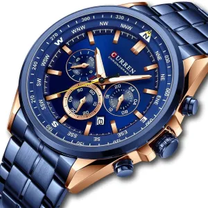 Fashion Stainless Steel Chronograph Quartz Wristwatches with Luminous Hands