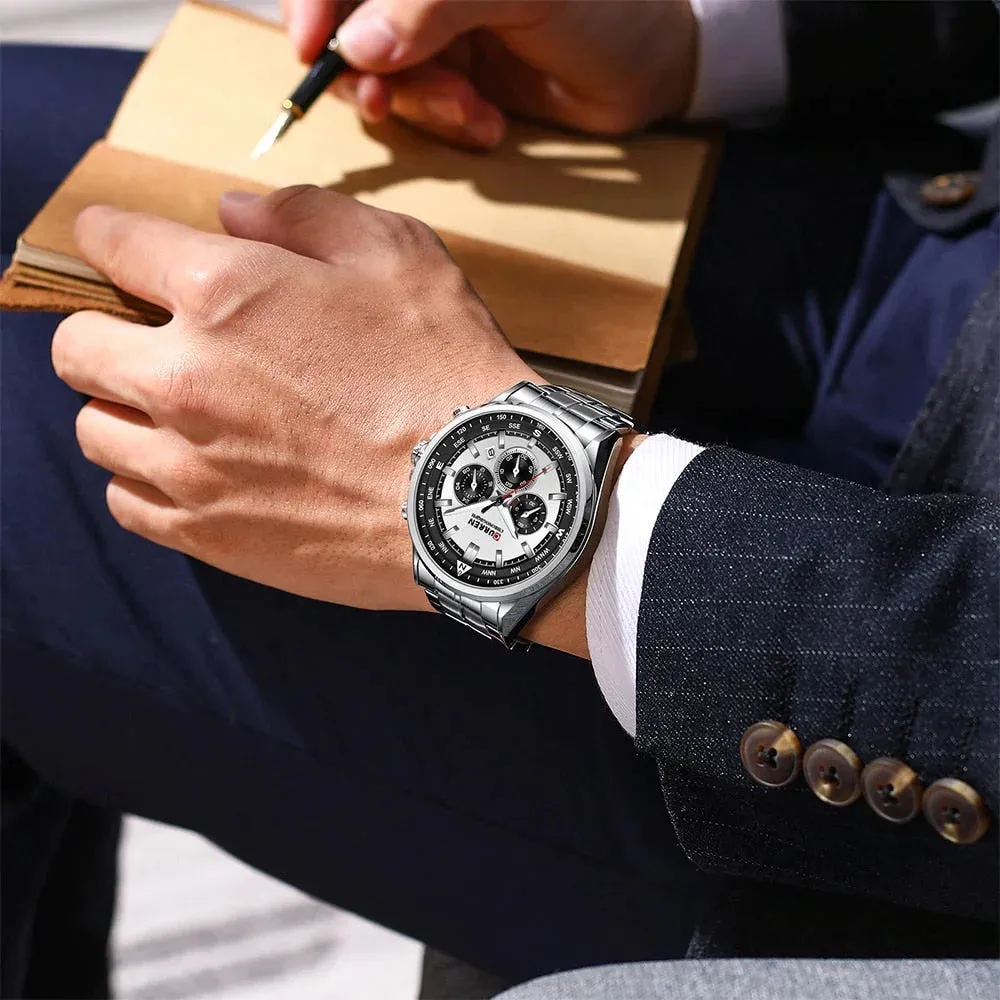 Fashion Stainless Steel Chronograph Quartz Wristwatches with Luminous Hands