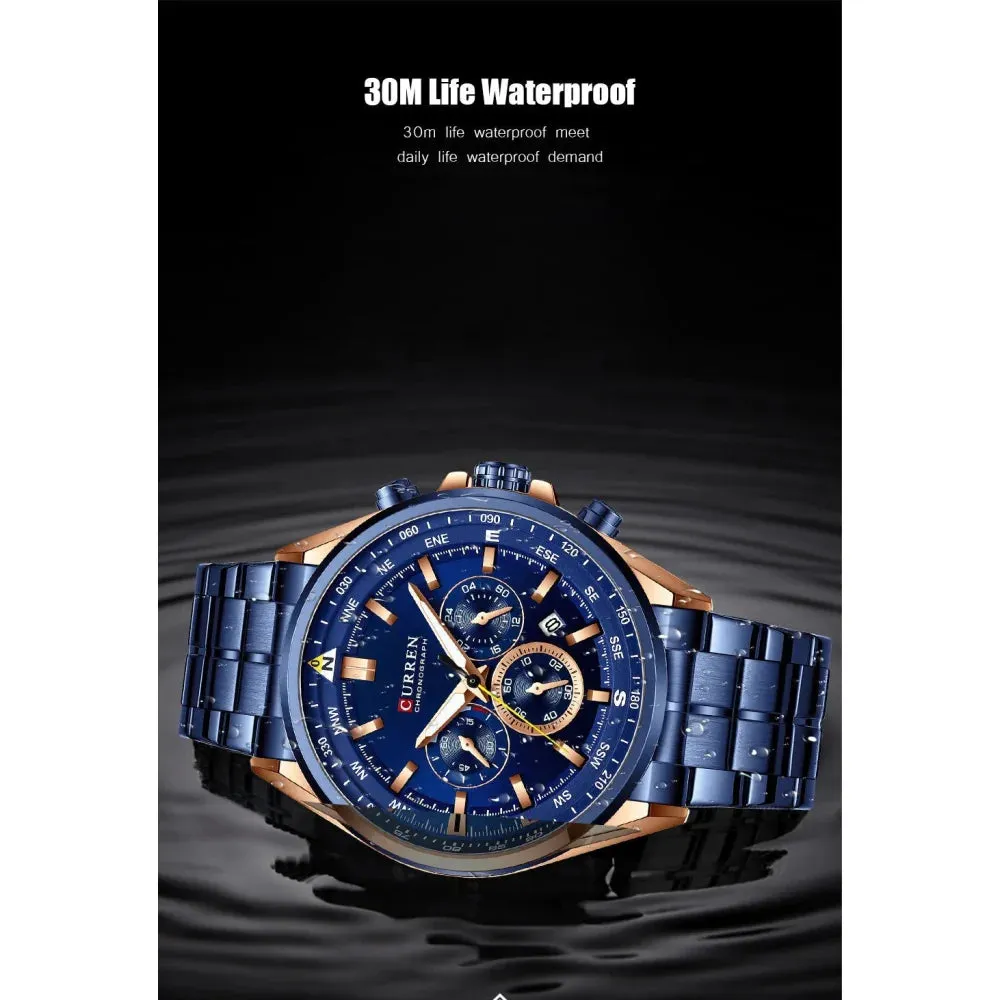 Fashion Stainless Steel Chronograph Quartz Wristwatches with Luminous Hands
