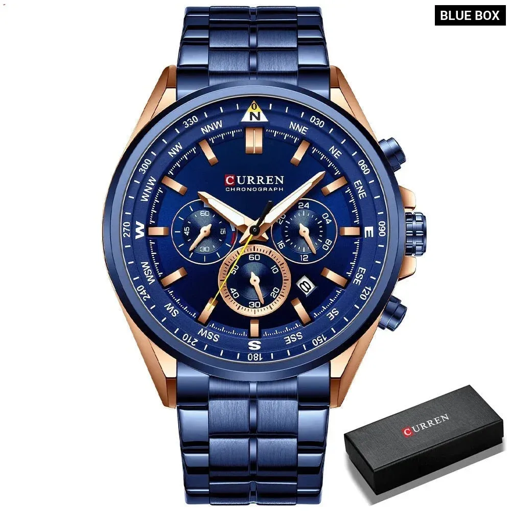 Fashion Stainless Steel Chronograph Quartz Wristwatches with Luminous Hands