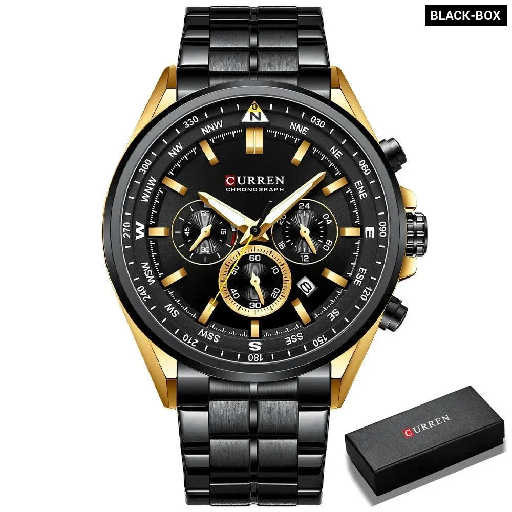 Fashion Stainless Steel Chronograph Quartz Wristwatches with Luminous Hands