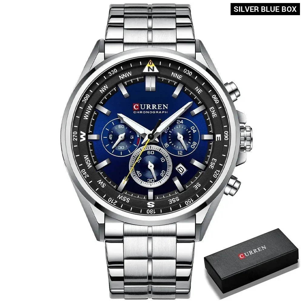 Fashion Stainless Steel Chronograph Quartz Wristwatches with Luminous Hands