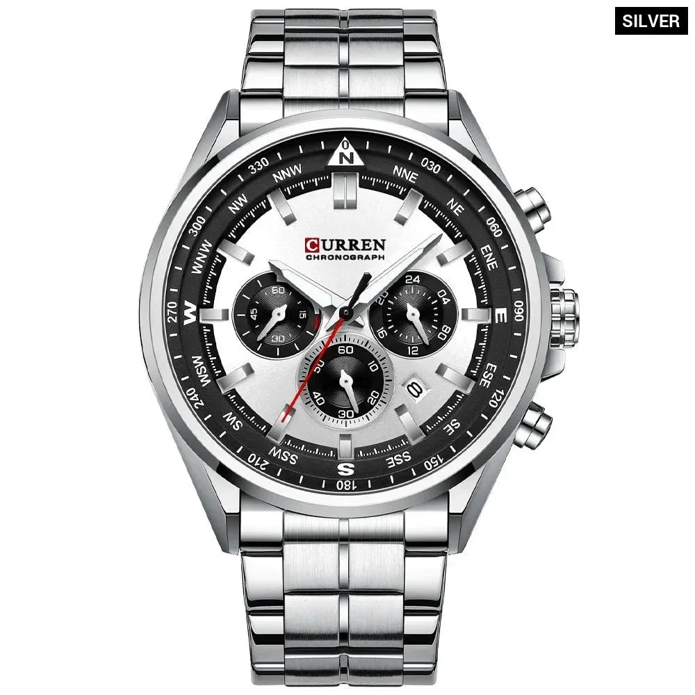 Fashion Stainless Steel Chronograph Quartz Wristwatches with Luminous Hands