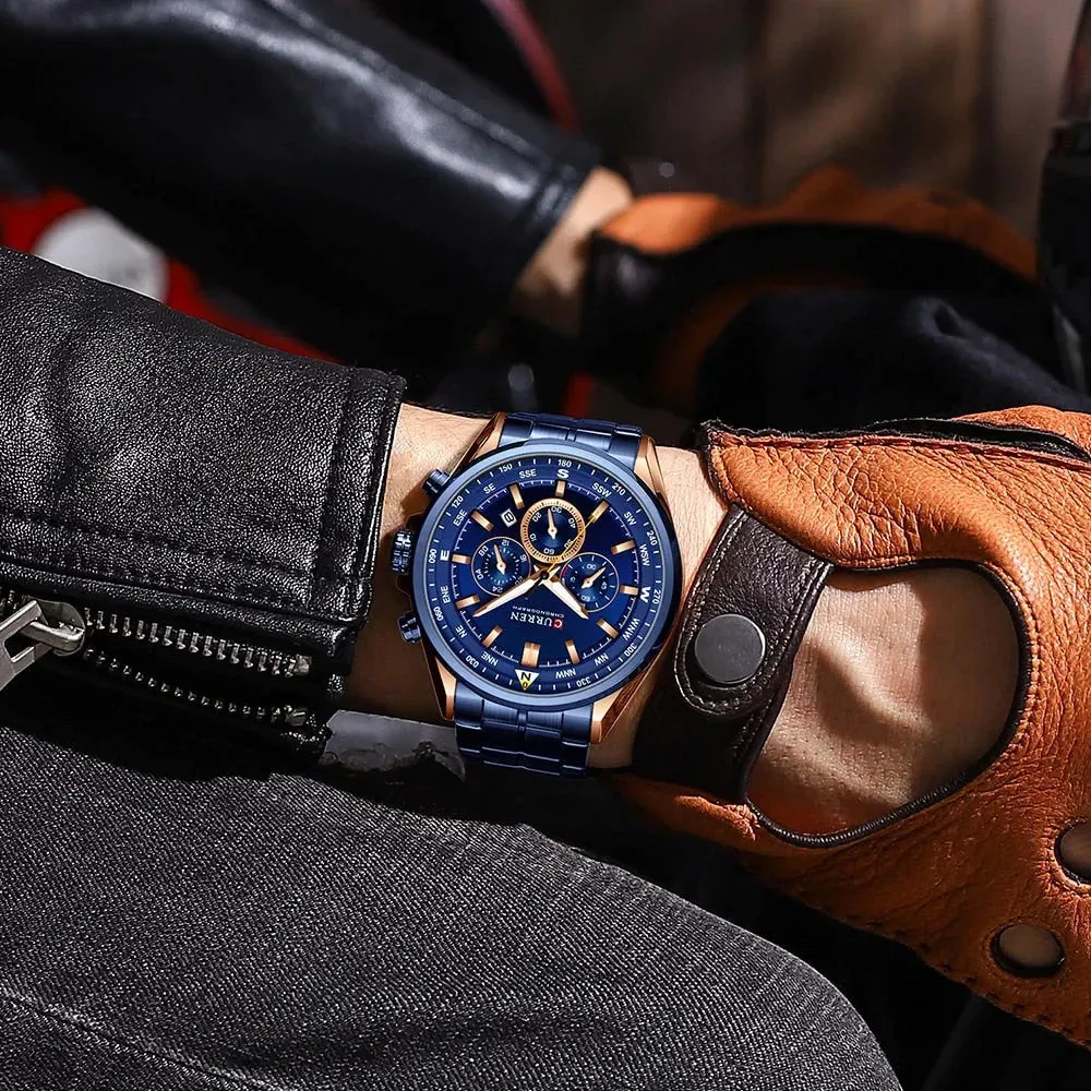 Fashion Stainless Steel Chronograph Quartz Wristwatches with Luminous Hands
