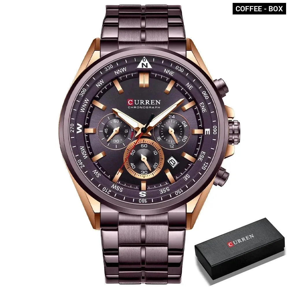 Fashion Stainless Steel Chronograph Quartz Wristwatches with Luminous Hands